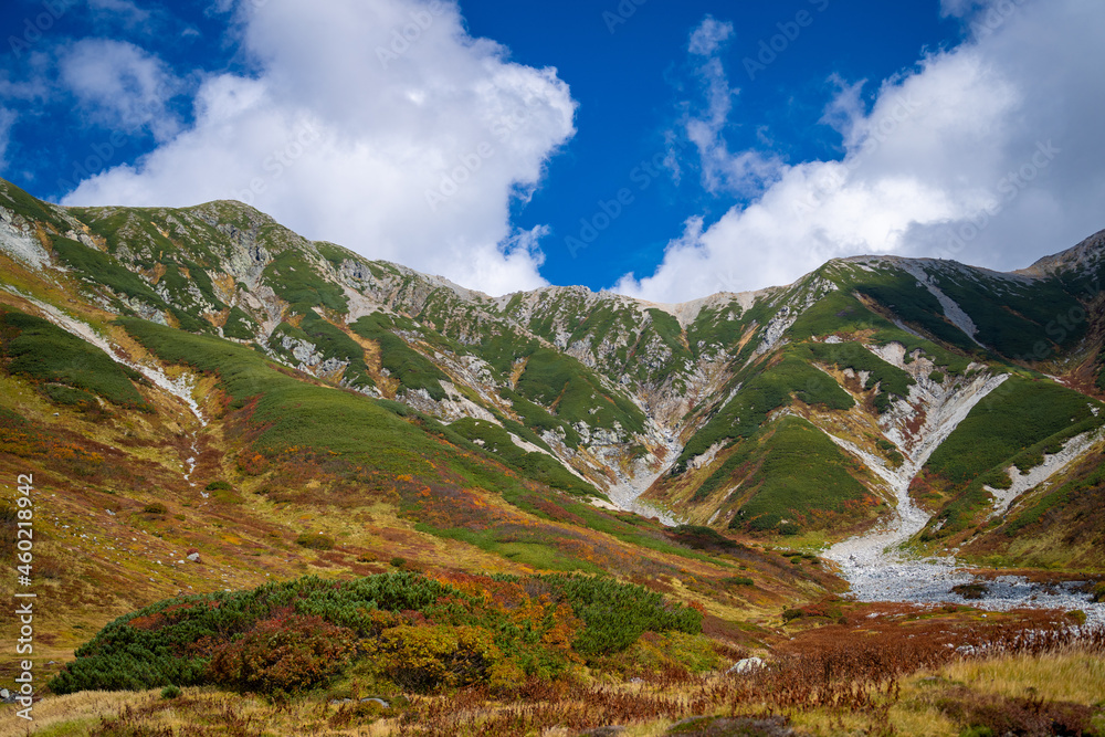 Fototapeta premium 富山県立山町の立山の秋の紅葉の季節に登山している風景 Scenery of climbing Tateyama Mountain in Tateyama Town, Toyama Prefecture, Japan during the season of autumn leaves. 