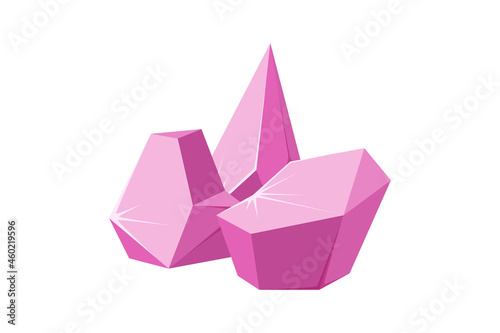 Crystals broken into pieces. Smashed ruby crystals. Broken gemstones or pink rocks. Vector illustration in cartoon style