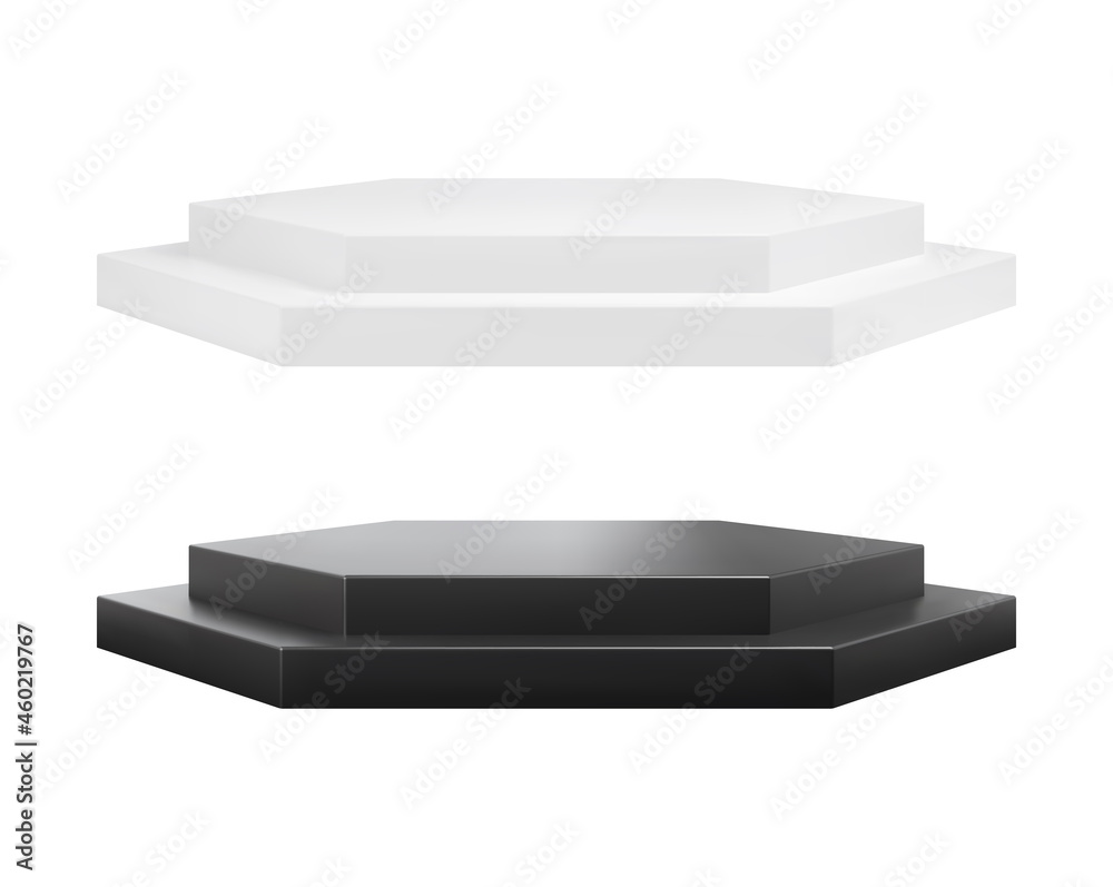 Black and white realistic round podium. Empty ceremony platform pedestal. Vector illustration