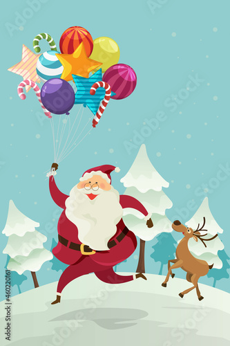 Santa claus with reindeer and balloon colorful.
