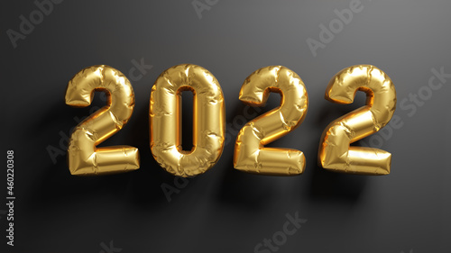 2022 golden balloons on black background. Happy new year and merry christmass banner. 3D rendered image.