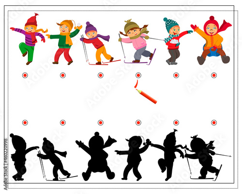 A logic game for kids find the right shadow, cute cartoon kids play snowballs, make a snowman. vector isolated on a white background.