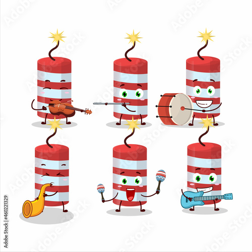 Cartoon character of red firecracker playing some musical instruments
