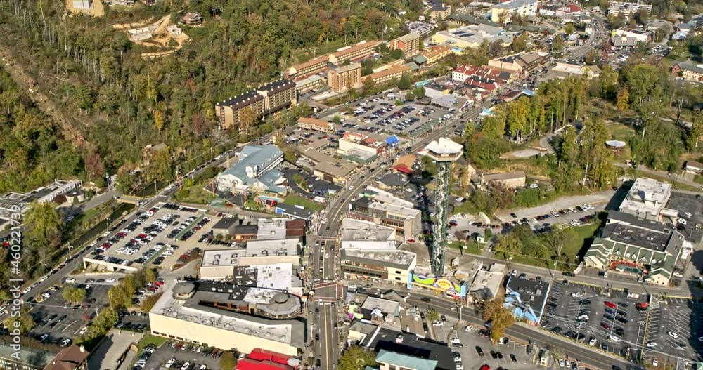 Gatlinburg Tennessee Aerial v2 birds eye view tilting up from space needle observation tower