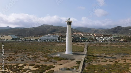 Aerial view of Morro Jable lighthouse along a shoreline in Fuerteventura coast photo