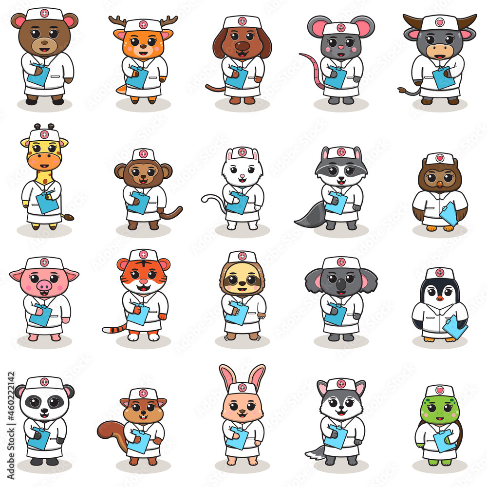 Vector illustration of Cute Character Cartoon of Animal Nurse. Good for label, sticker, clipart. white isolated background Vector illustration of Cute Character Cartoon of Animal Nurse. Good for label, sticker, clipart. white isolated background