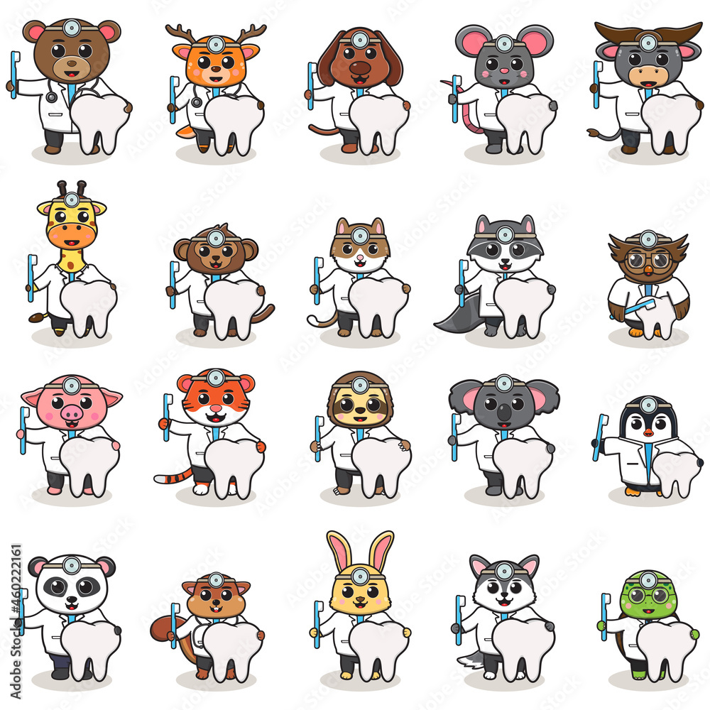 Vector illustration of Cute Character Cartoon of Animal Doctor, dentist. Good for label, sticker, clipart. white isolated background