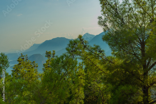 ANTALYA, TURKEY: Landscape with trees and mountain views near the Mediterranean Sea.