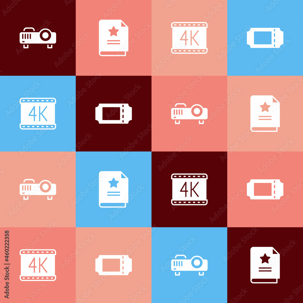 Set pop art Movie, film, media projector, Scenario, 4k movie and Cinema ticket icon. Vector Set pop art Movie, film, media projector, Scenario, 4k movie and Cinema ticket icon. Vector