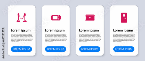Set Backstage, Online play video, Cinema ticket and Rope barrier. Business infographic template. Vector