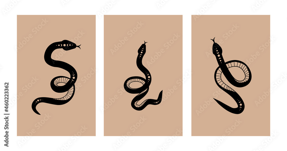 Obraz premium Magic snake in boho style with moon. Collection of mystical symbol in a trendy minimalist style. Esoteric vector illustration.