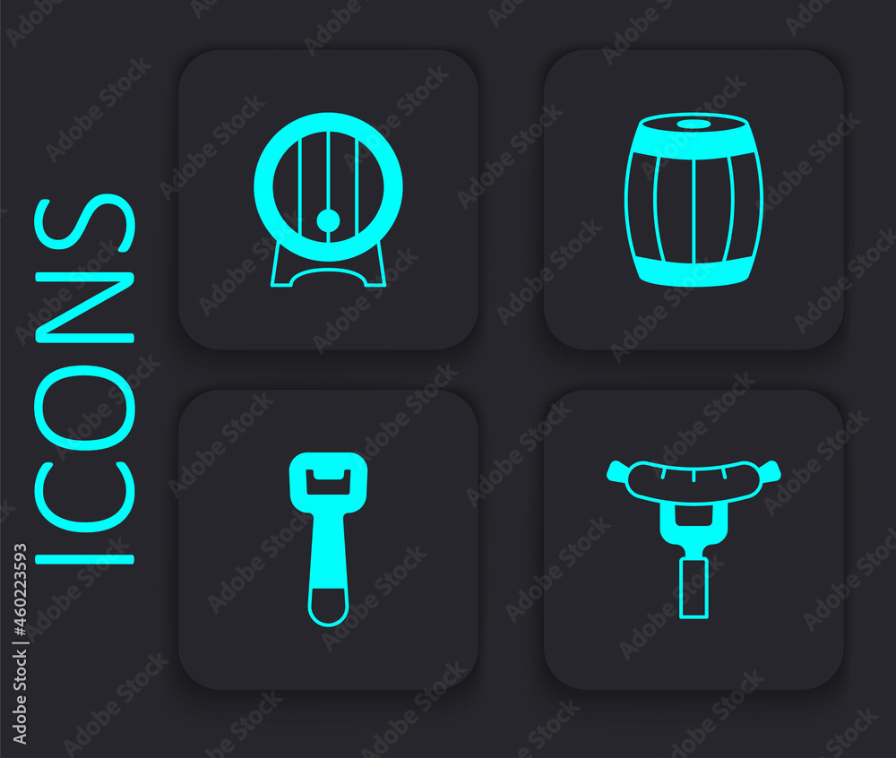 Set Sausage on the fork, Wooden barrel rack, and Bottle opener icon. Black square button. Vector Set Sausage on the fork, Wooden barrel rack, and Bottle opener icon. Black square button. Vector