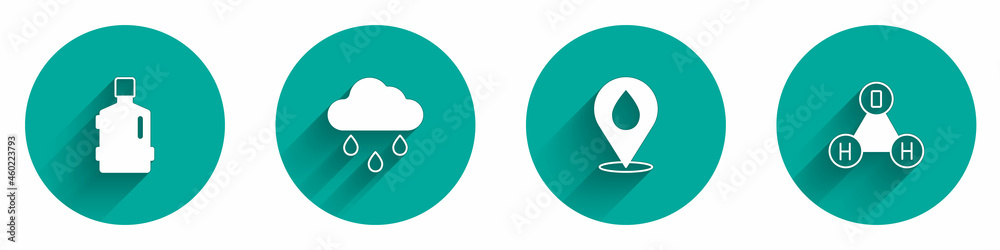 Set Big bottle with clean water, Cloud rain, Water drop location and Chemical formula H2O icon with long shadow. Vector Set Big bottle with clean water, Cloud rain, Water drop location and Chemical formula H2O icon with long shadow. Vector