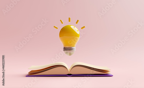 yellow light bulb with open book isolated on pink background.idea tip education,knowledge creates ideas concept,minimal abstract,3d illustration or 3d render photo