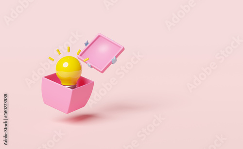 yellow light bulb in pink gift box isolated on pink background.business idea tip concept,minimal abstract,3d illustration or 3d render