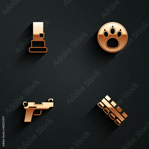 Set Cartridges, Paw search, Pistol or gun and Hunting cartridge belt icon with long shadow. Vector