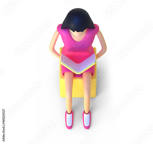 Woman sitting with book top view 3D render photo