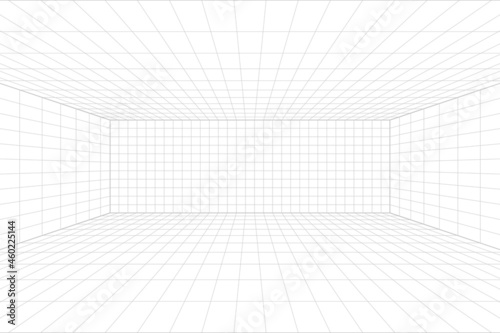 Grid perspective white room with gray wireframe background. Digital cyber box technology model. Vector abstract architectural template