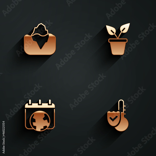 Set Iceberg, Plant in pot, World Earth day and Thermometer icon with long shadow. Vector