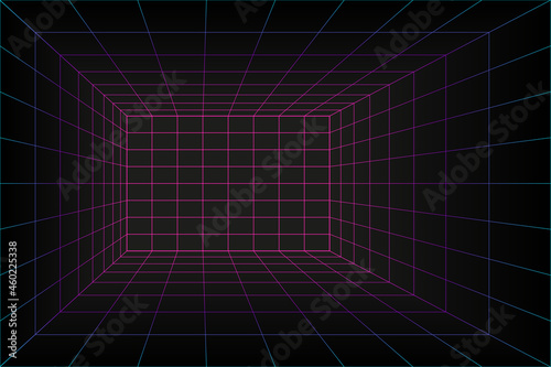 Fototapeta Naklejka Na Ścianę i Meble -  3d Grid perspective laser room in technology style. Virtual reality tunnel or wormhole. Abstract vaporwave background