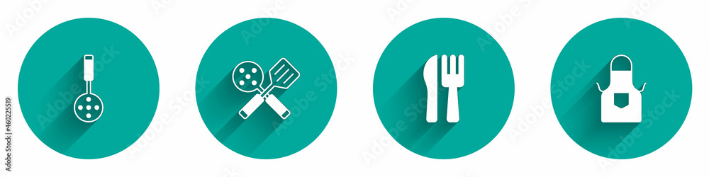 Set Spatula, Crossed knife and fork and Kitchen apron icon with long shadow. Vector Set Spatula, Crossed knife and fork and Kitchen apron icon with long shadow. Vector