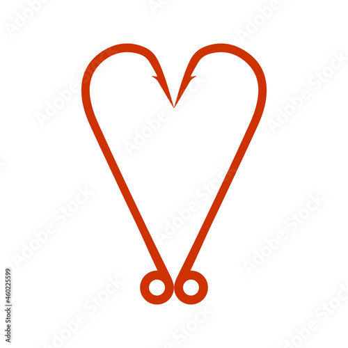 I love fishing. Red heart icon isolated on white background. Heart of two hooks. Vector illustration. EPS10.
