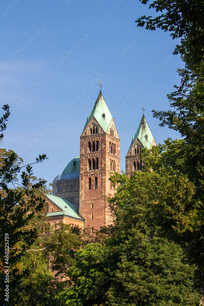 Landscape view of the Speyer Cathedral, also called the Imperial Cathedral Basilica of the Assumption and St Stephen, in Speyer, Germany.