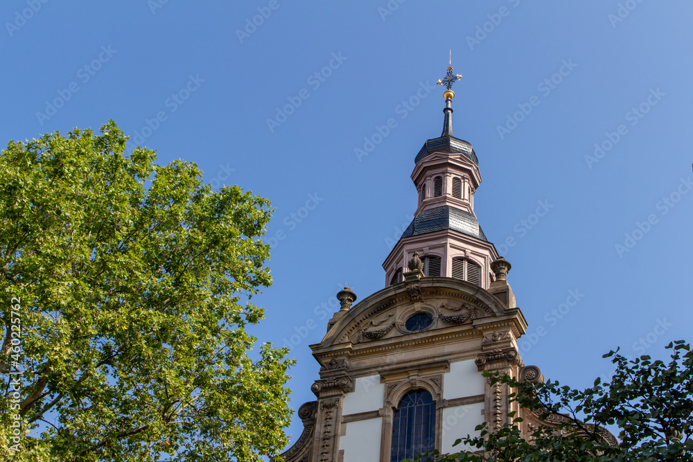 Close, upward view of Trinity Church, a Protestant church also called the Dreifaltigkeitskirche, in Speyer, Germany.