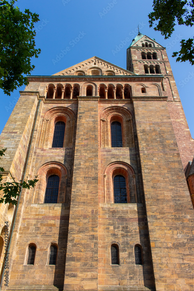 Close, upward view of the Speyer Cathedral, also called the Imperial Cathedral Basilica of the Assumption and St Stephen, in Speyer, Germany.