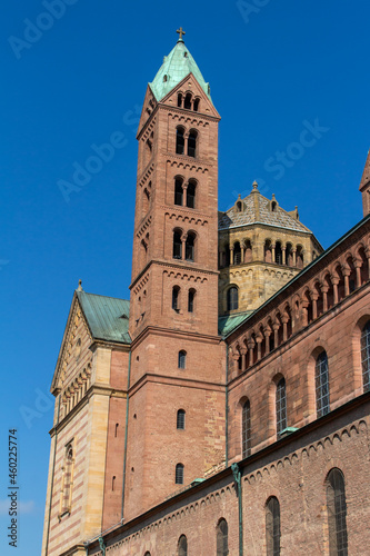 Close, upward view of the Speyer Cathedral, also called the Imperial Cathedral Basilica of the Assumption and St Stephen, in Speyer, Germany.