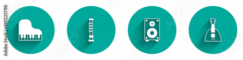 Set Grand piano, Flute, Stereo speaker and Balalaika icon with long shadow. Vector