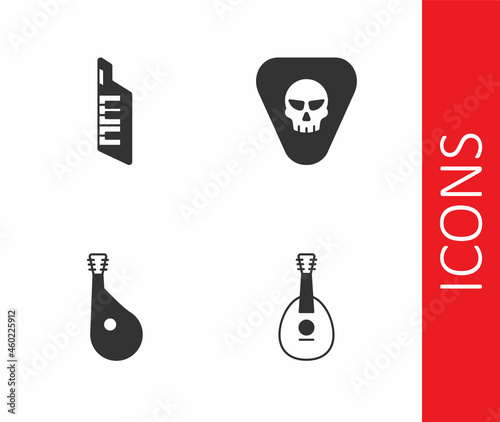 Set Mandolin, Keytar, Bandura and Guitar pick icon. Vector
