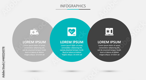 Set Heart rate, Ambulance car and Clinical record on laptop. Business infographic template. Vector