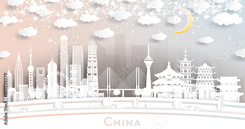 China City Skyline in Paper Cut Style with White Buildings  Moon and Neon Garland.