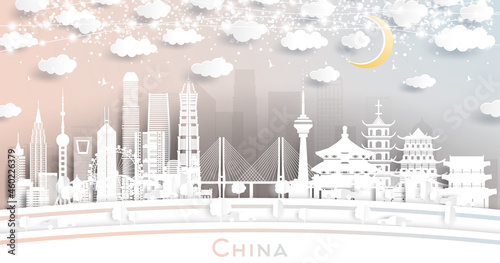China City Skyline in Paper Cut Style with White Buildings, Moon and Neon Garland.