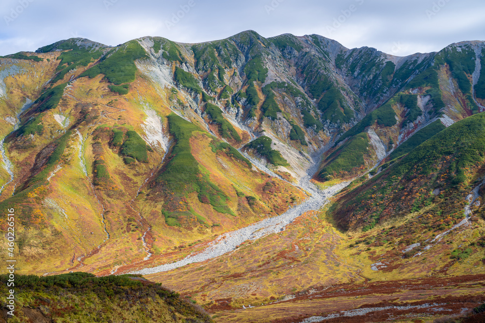 富山県立山町の立山の秋の紅葉の季節に登山している風景 Scenery of climbing Tateyama Mountain in Tateyama Town, Toyama Prefecture, Japan during the season of autumn leaves. 