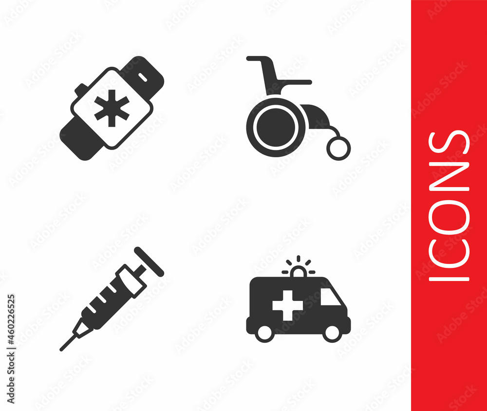 Set Ambulance car, Smart watch with heart, Syringe and Wheelchair for disabled person icon. Vector