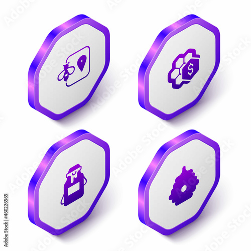 Set Isometric Bee location, Sale of honeycomb, Jar and Hive for bees icon. Purple hexagon button. Vector