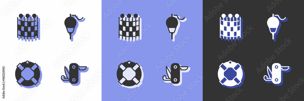 Set Swiss army knife, Fishing net pattern, Lifebuoy and float icon. Vector Set Swiss army knife, Fishing net pattern, Lifebuoy and float icon. Vector