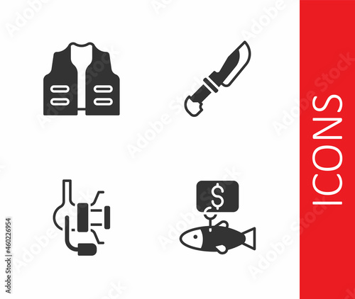 Set Price tag for fish, Fishing jacket, Spinning reel fishing and Knife icon. Vector