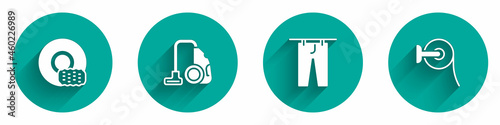 Set Washing dishes, Vacuum cleaner, Drying clothes and Toilet paper roll icon with long shadow. Vector