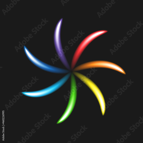 Neon bright flower on black background. Spectrum, gamut, rainbow. Glowing electric sign. Design element in concept of optics. Vector Illustration.