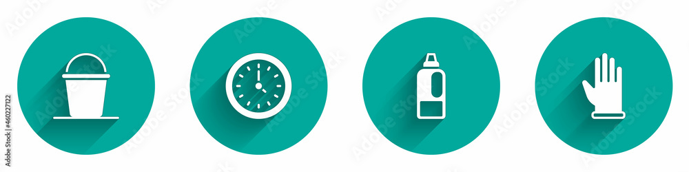 Set Bucket, Clock, Bottle for detergent and Rubber gloves icon with long shadow. Vector Set Bucket, Clock, Bottle for detergent and Rubber gloves icon with long shadow. Vector