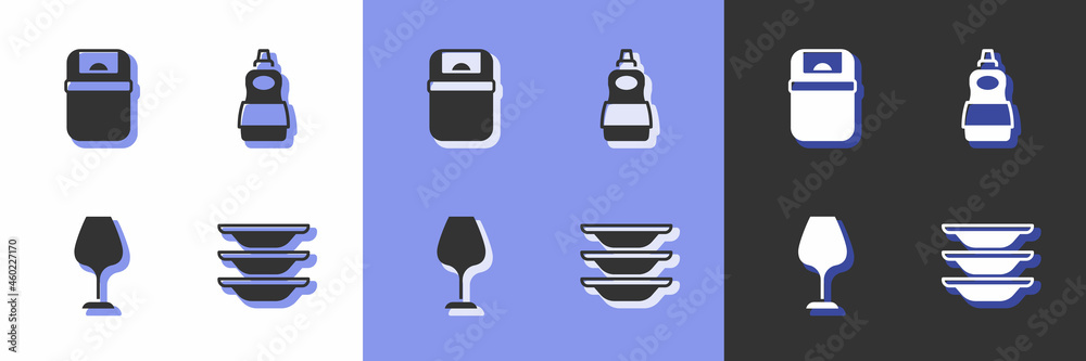 Set Washing dishes, Trash can, Wine glass and Dishwashing liquid bottle icon. Vector Set Washing dishes, Trash can, Wine glass and Dishwashing liquid bottle icon. Vector