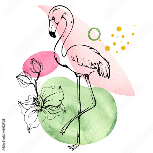 Tropical Botanical Line Abstract Art. Hand painted composition with abstract watercolor shapes, splashes, palm leaves, flowers, summer fruits, flamingo, black and golden line elements.