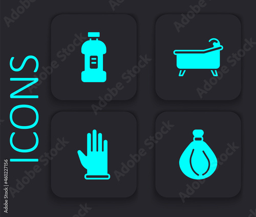 Set Garbage bag, Bottle for detergent, Bathtub and Rubber gloves icon. Black square button. Vector