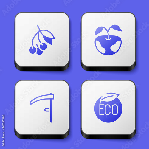 Set Fresh berries, Apple, Scythe and Eco healthy food icon. White square button. Vector