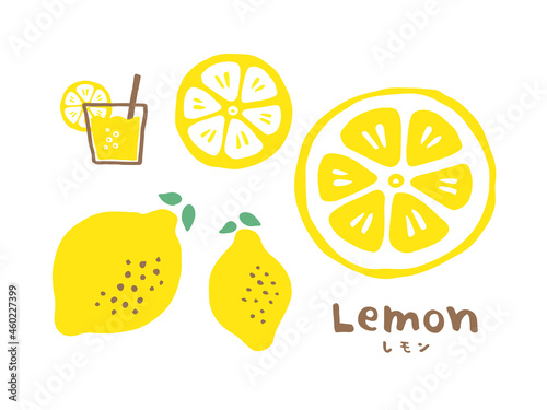 かわいいレモンとレモネードとLemoの文字セット／手書き文字イラスト