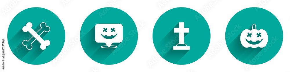 Set Crossed bones, Happy Halloween holiday, Tombstone with cross and Pumpkin icon with long shadow. Vector Set Crossed bones, Happy Halloween holiday, Tombstone with cross and Pumpkin icon with long shadow. Vector