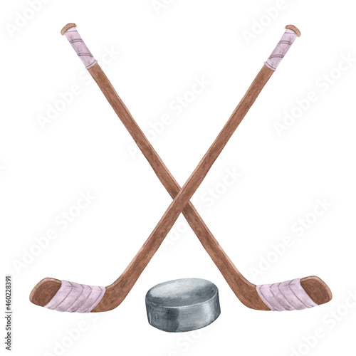 Watercolor illustrations with hockey sticks and puck. Collection of drawn elements for your design.